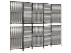 Biombo separador de ambientes, 5 paneles en resina tejida gris y acero Dec030972