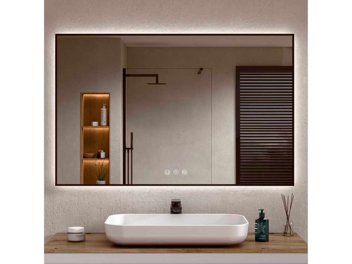 Espejo de Baño con Luz LED Perimetral, Luz Regulable en 3 Colores e Intensidades, Antivaho, Aluminio Negro 70 x 100 cm Bellobath