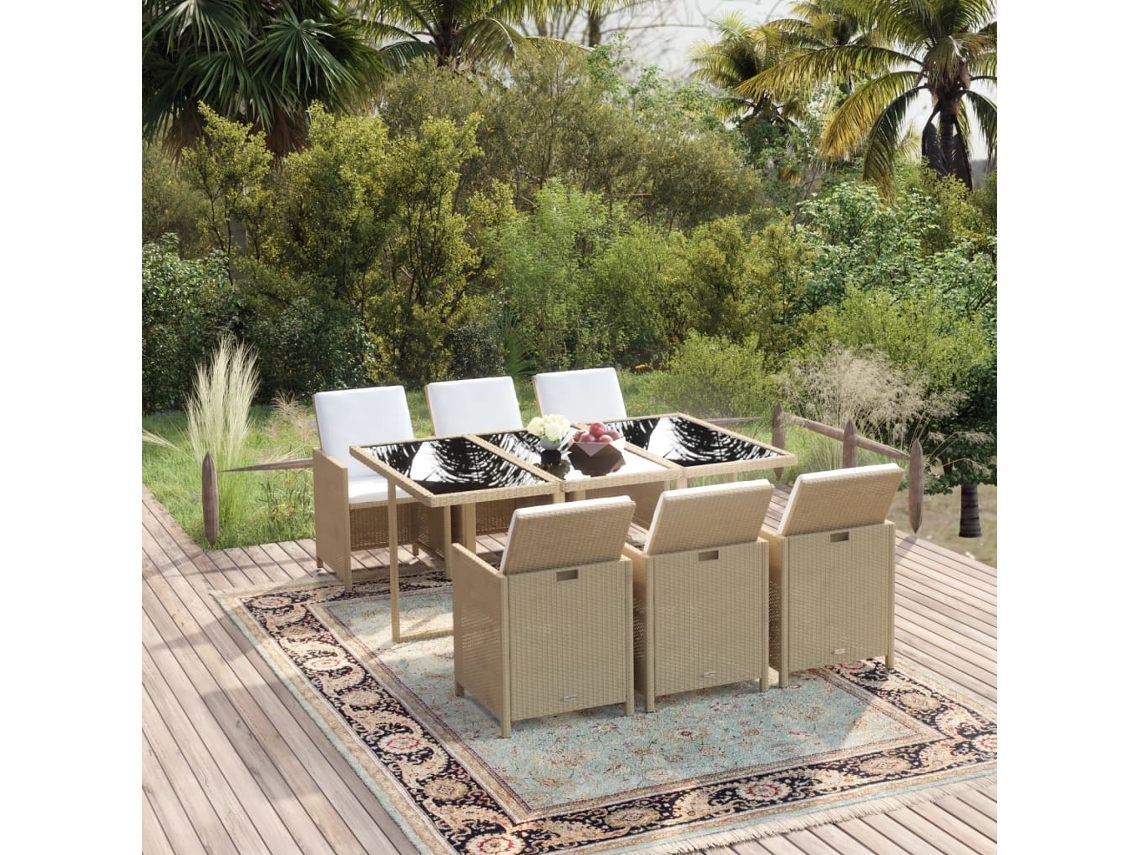 Juego de comedor de jardín de 7 piezas con cojines de mimbre beige de DKD Home Decor