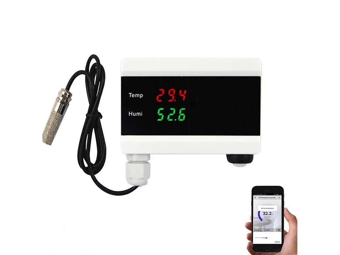 Sensor de alarma de temperatura inteligente con conexión Wi-Fi para el hogar, con pantalla digital y alertas a través de una aplicación para Android.