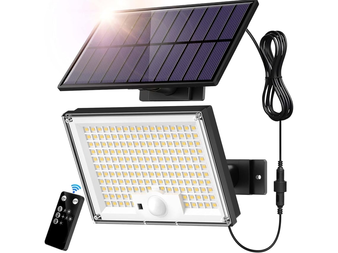 Luz Solar Exterior 172 Led, 3 Modos, Sensor Movimento, Ip65, Projetor Led Cabo 5m Jardim Garagem