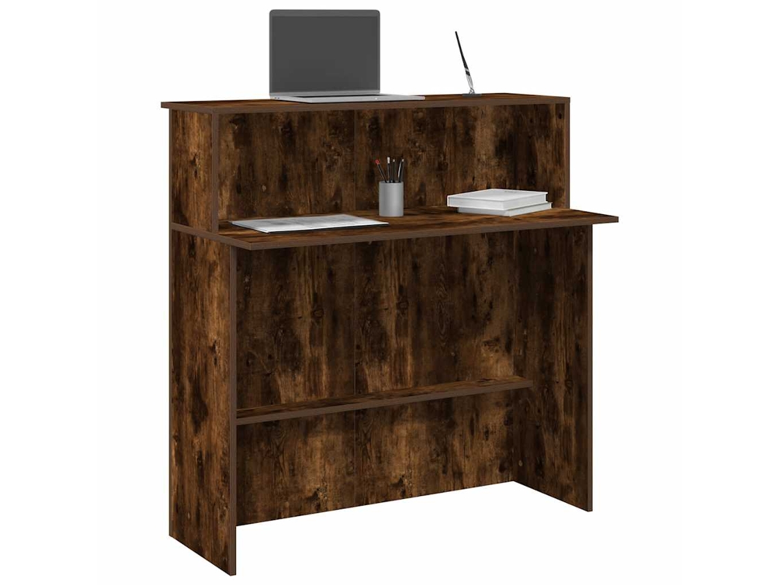 Mostrador de recepción de 100x50x103,5 cm, fabricado en madera de roble ahumado.