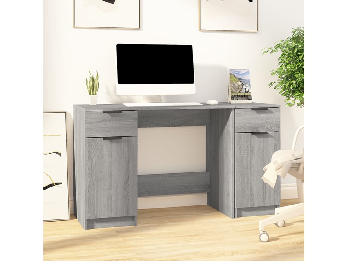 Escritorio | Mesa | Escritorio con unidad de soporte, derivados de madera, gris, Sonoma
