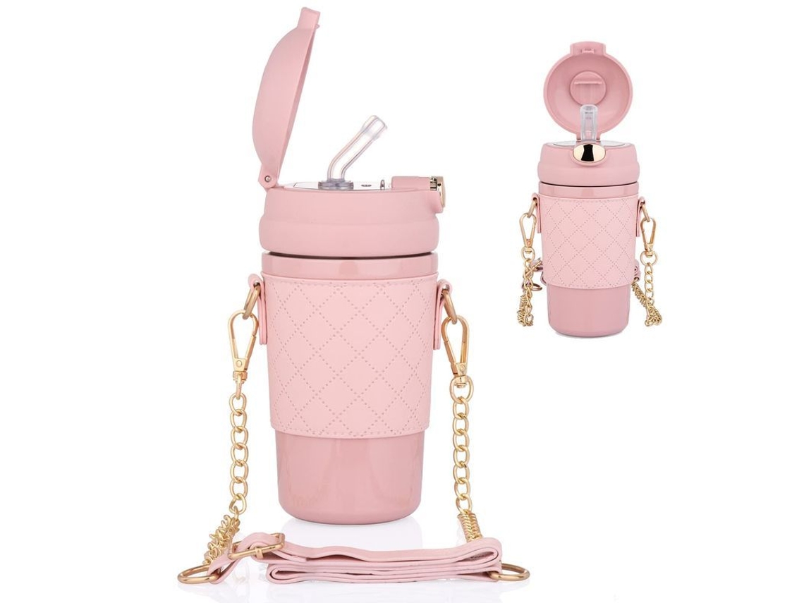 2026da-botella Térmica De Acero Inoxidable Linjou Con Pajita, Funda Y Correa Ajustable, 480ml (rosa)