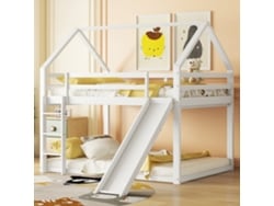 Litera Infantil De 140x200 Cm Con Tobogán, Escalera, Cama Tipo Cabaña, Cama Doble Infantil Blanca.