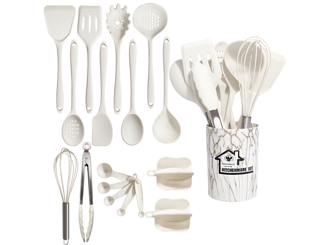 18 Peças Utensílios De Cozinha De Silicone Antiaderentes Resistentes Ao Calor Brancos GERTIZ