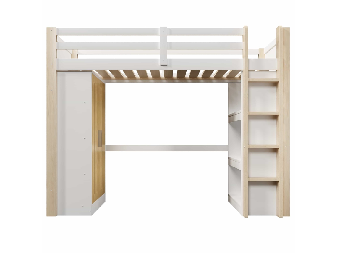 Cama alta de 90x200 cm - Con luces LED, armario y estantería, colchón no incluido - Blanco y natural