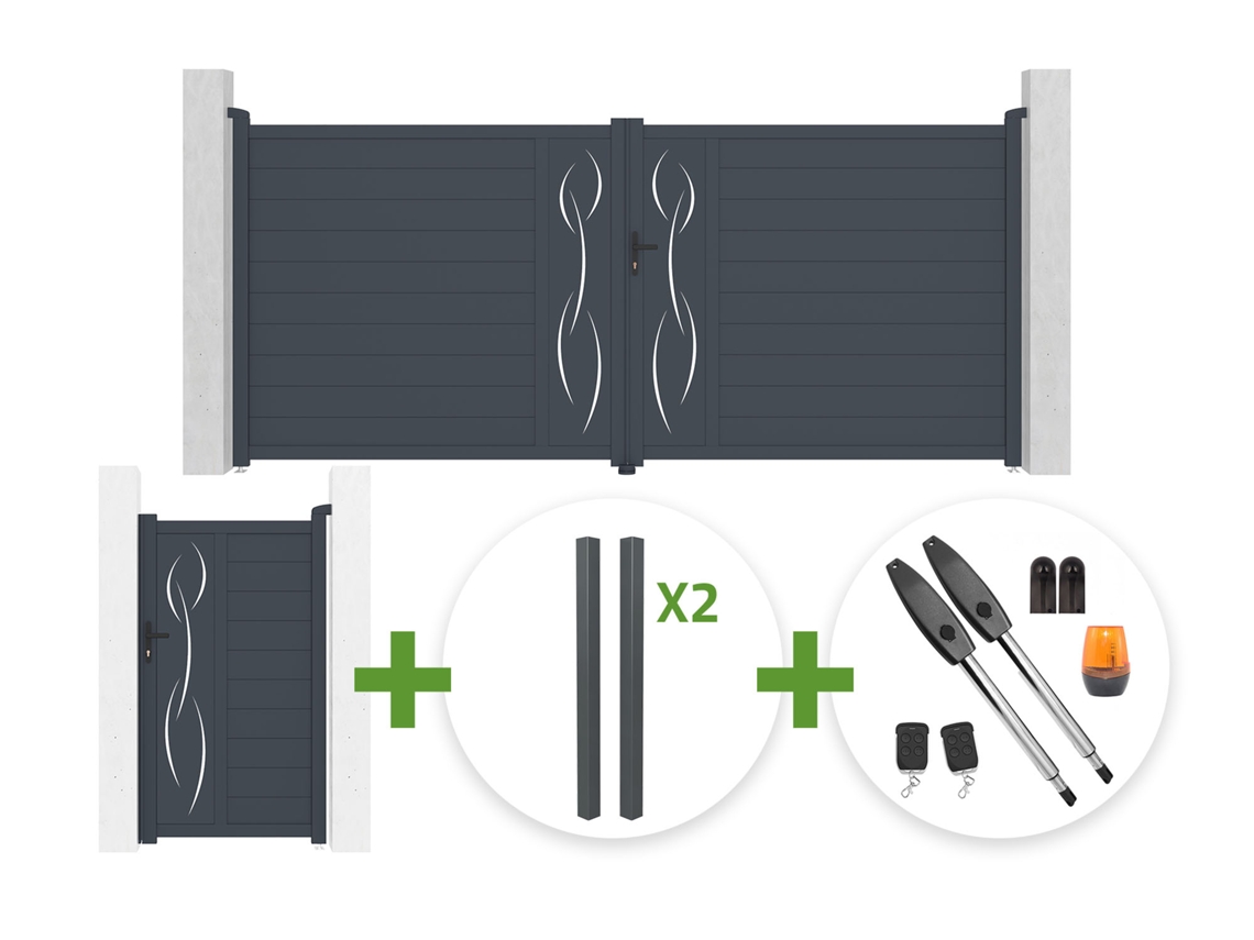 Puerta Batiente 4 M Life Alt. 180 Cm Gris + Puerta Peatonal 1 M Life Alt. 180 Cm + 4 Postes Elda + Motorización Tanker B250