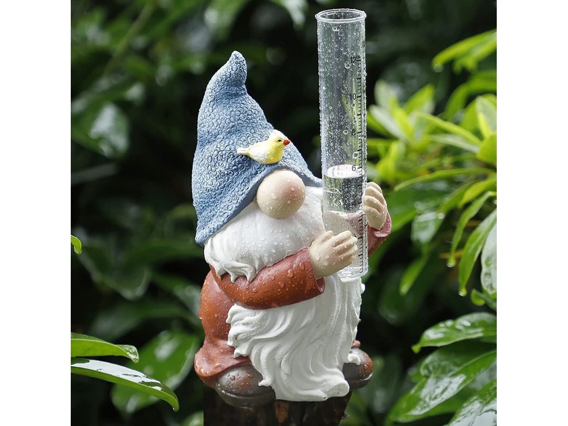 Pluviómetro con gnomo de resina, estatua de jardín con tubo de plástico, escultura pintada a mano para medir la lluvia.