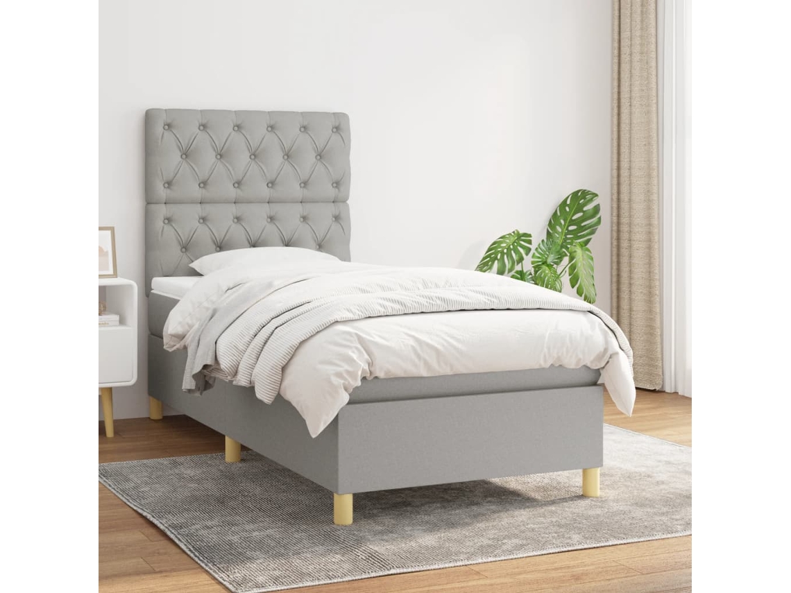 Cama con colchón de muelles y cabecero de tela gris (80x200 cm)
