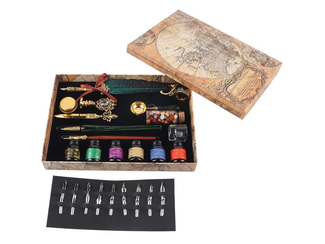 Conjunto De Pluma De Pena Europea Estilo Británico Retro Laca Sello Pluma De Inmersión En Agua Con Tinta Verde Oscuro
