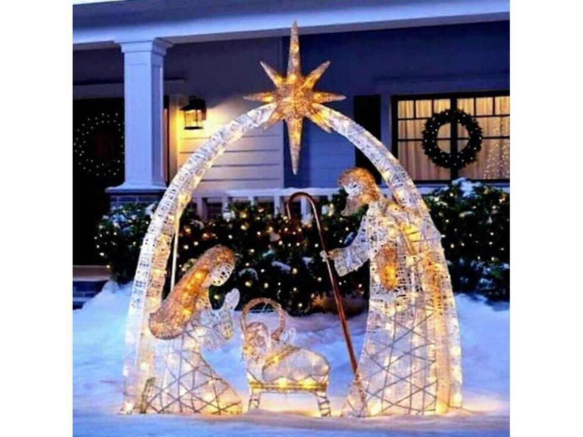 Omni-decoración Navideña Exterior Con Luces, Escena De Belén Iluminada Silueta Para Jardín Con Postes, Material De Hierro Resistente Y Duradero F