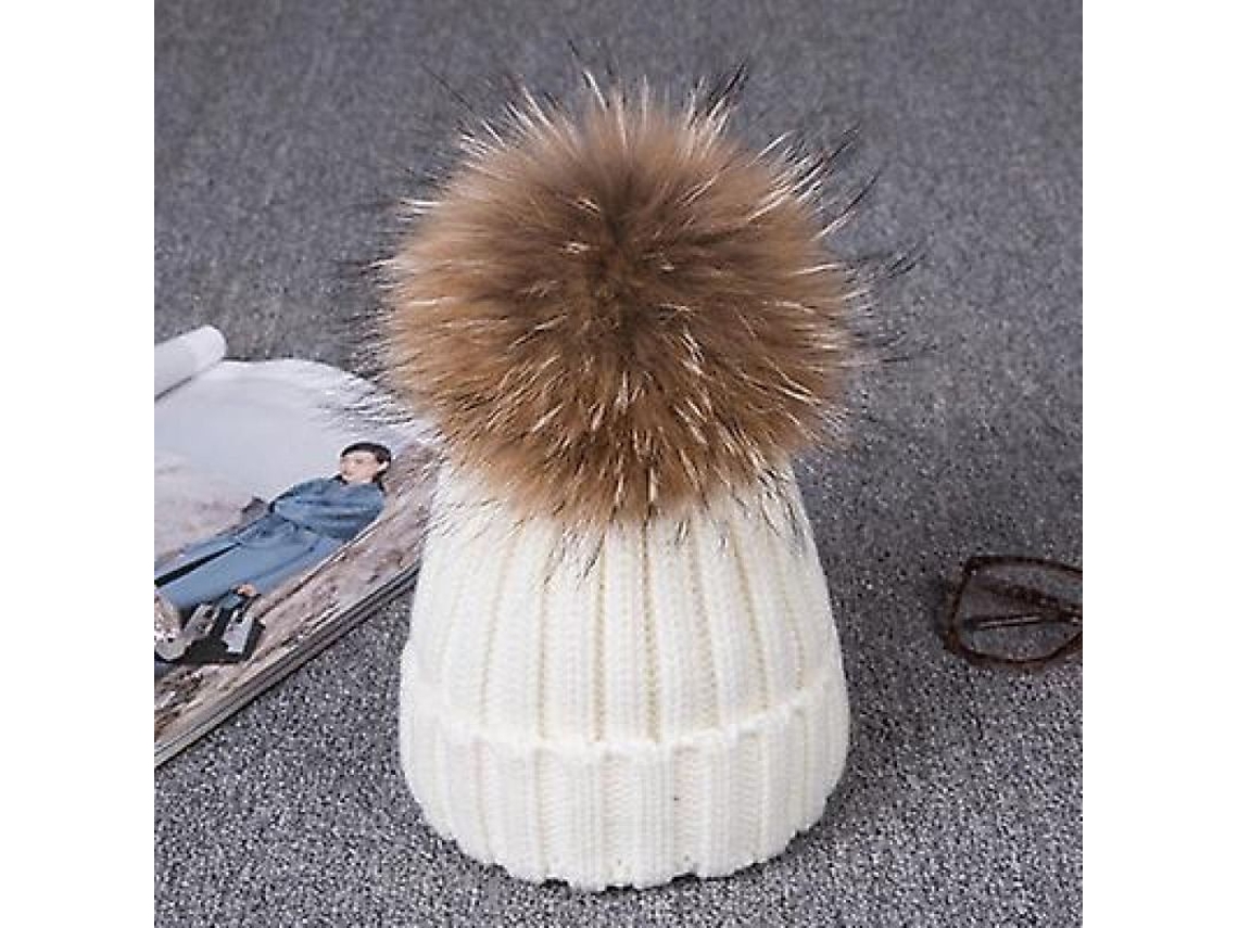 Gorro de lana para mujer Rebe-Winter con pompón de piel sintética, elástico, acolchado, blanco Efj