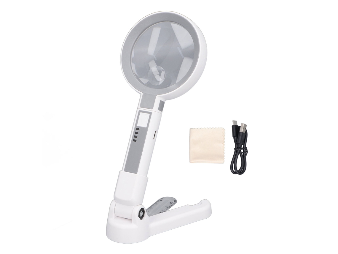 Lupa de mano recargable con LED, 3 niveles de brillo (5x, 11x, 18x) y soporte plegable con escala.