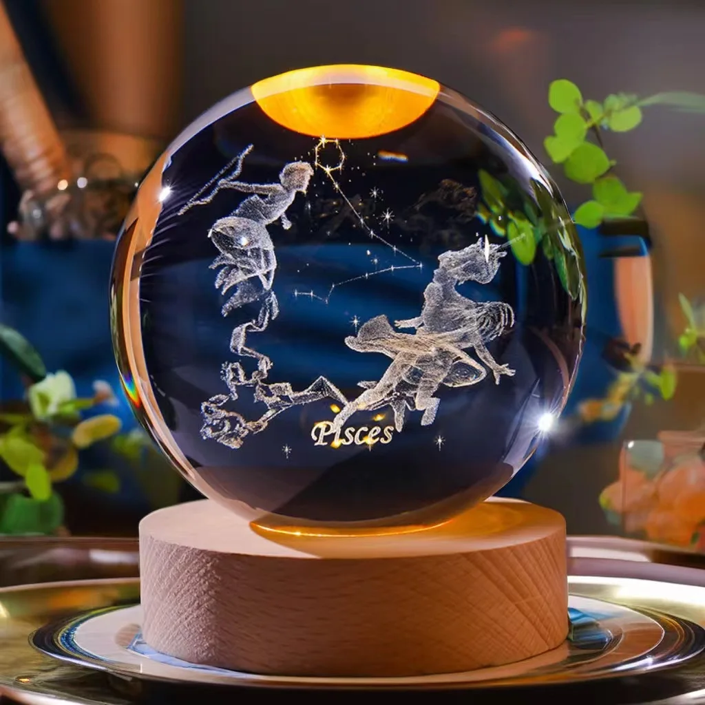 (piscis 6x6cm Con Luz) Bola De Cristal De Doce Constelaciones De 6,8 Cm, Base De Madera Con Led