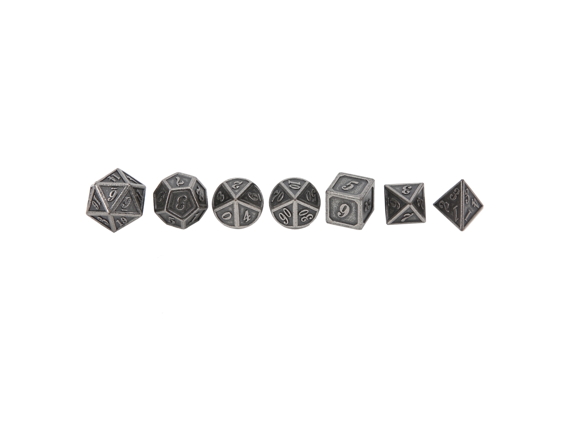 7 Dados Poliédricos De Aleación De Zinc Para Juegos De Mesa, Color Plata Antigua.