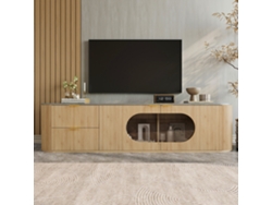 Mueble Para Tv De Madera, Con Múltiples Compartimentos, Puertas 3d Ranuradas, Vitrina Ovalada De Vidrio Gris, Estilo Moderno Y Natural, 172x38x45,5 Cm