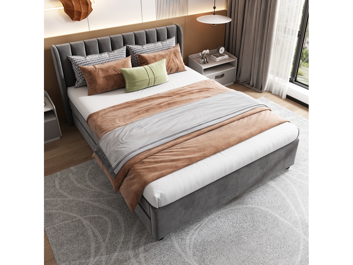 Cama De Terciopelo Gris De 140x200 Con 2 Cajones Y Cabecero.