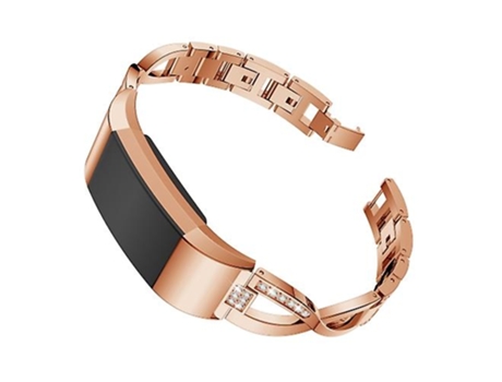 Pulsera Correa de reloj de acero inoxidable macizo con tachuelas de diamantes en forma de X para Fitbit Charge 2 en oro rosa VENISYMLIS