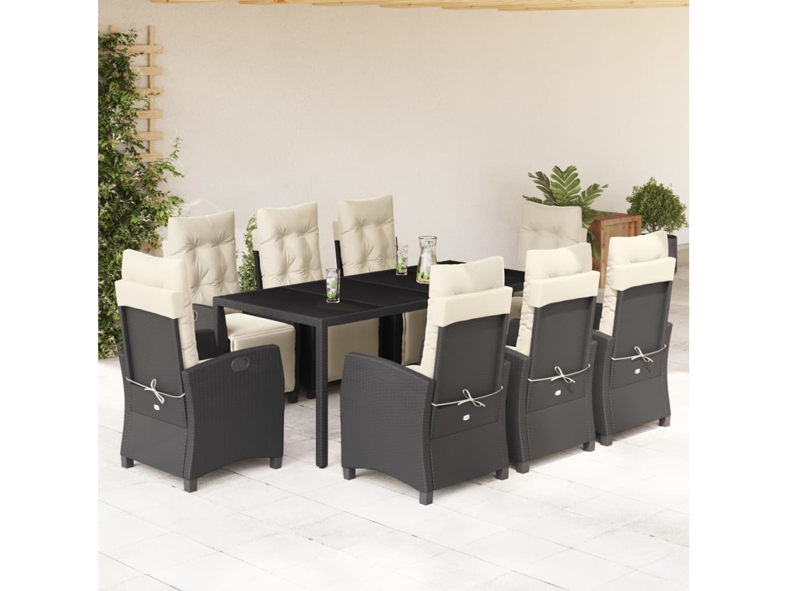 Juego de comedor de jardín de 9 piezas con cojines, mimbre sintético negro, DKD Home Decor