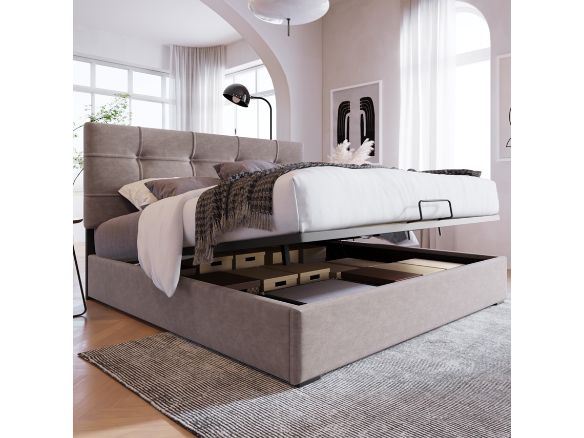 Cama Doble De 140x200 Cm, Estructura Metálica Ajustable, Tapizada Hidráulica De Terciopelo Gris Y Con Espacio De Almacenamiento.