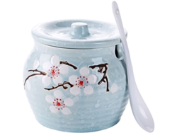 Azucarero Japonés Con Diseño Floral, Especiero, Salero Con Tapa Y Cuchara De Cerámica.