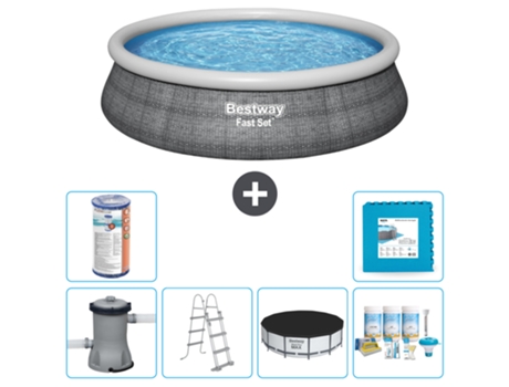 Piscina Hinchable Redonda Fast Set BESTWAY - Estampado Ratán - 457 x 107 cm - Incluida Bomba - Escalera Accesorios CB22
