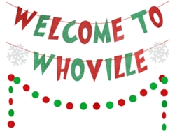 Pancarta de Villa Quién – Decoraciones navideñas del Grinch para chimenea, repisa y fiestas