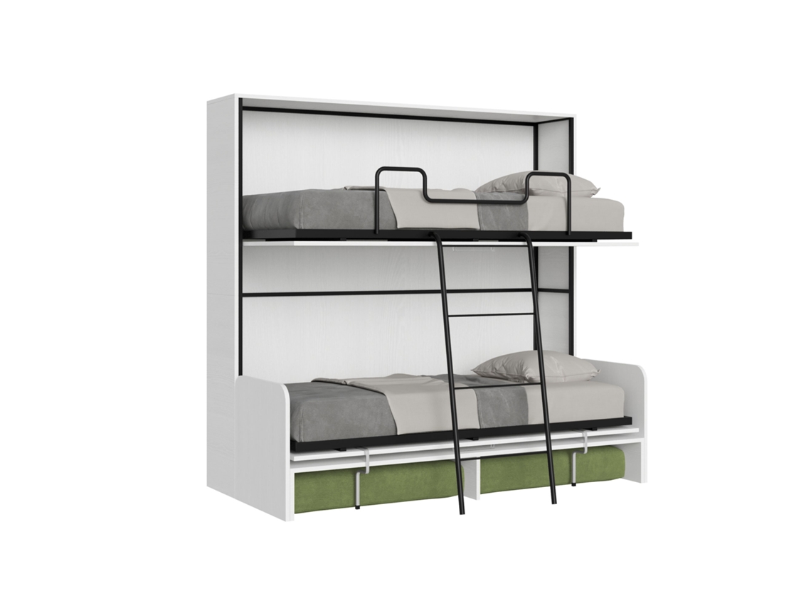 Cama Doble Abatible Kando Con Sofá De Fresno Blanco, Verde