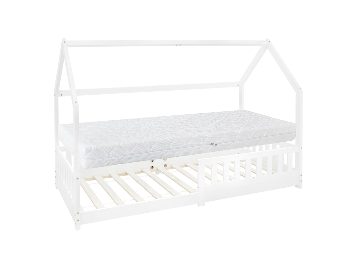 Cama infantil casa ML-Design 90x200 cm pino blanco con colchón de espuma y proteccio
