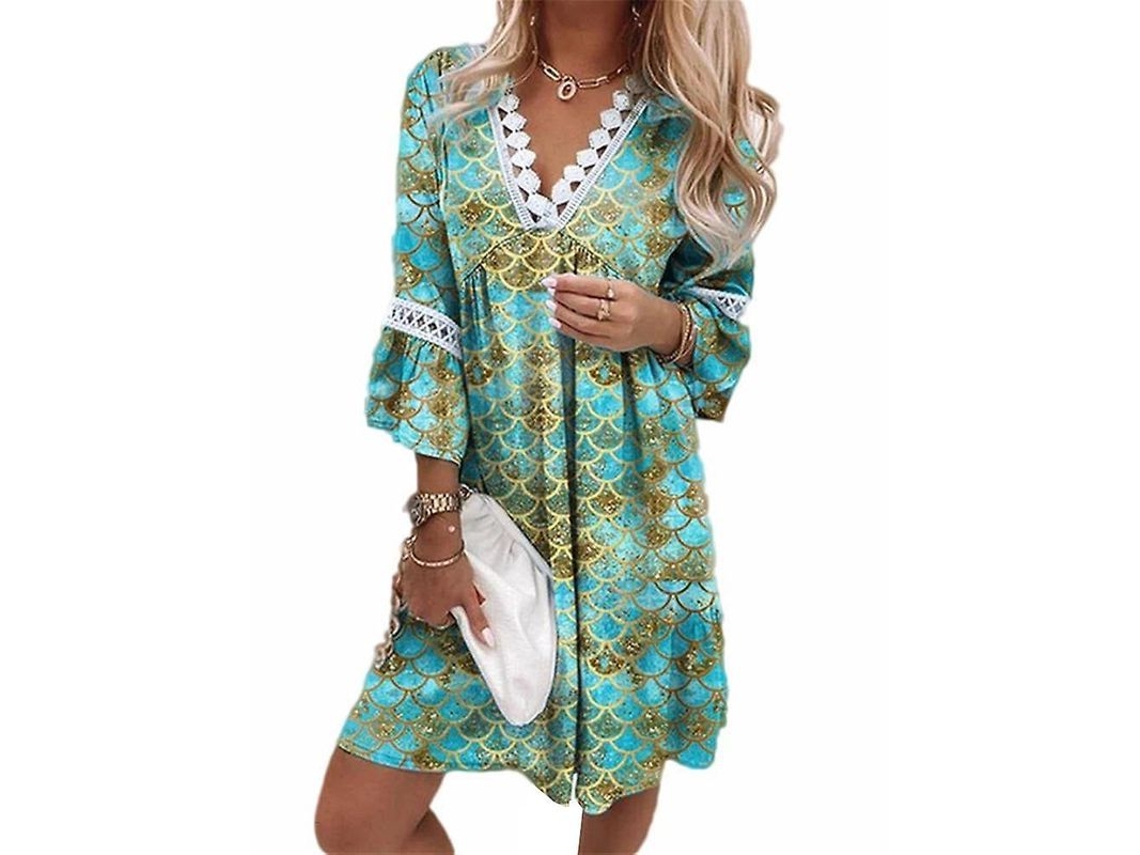 2026-vestido Mini Boho De Manga 3/4 Con Cuello V Para Verano Vacaciones Playa Holgado