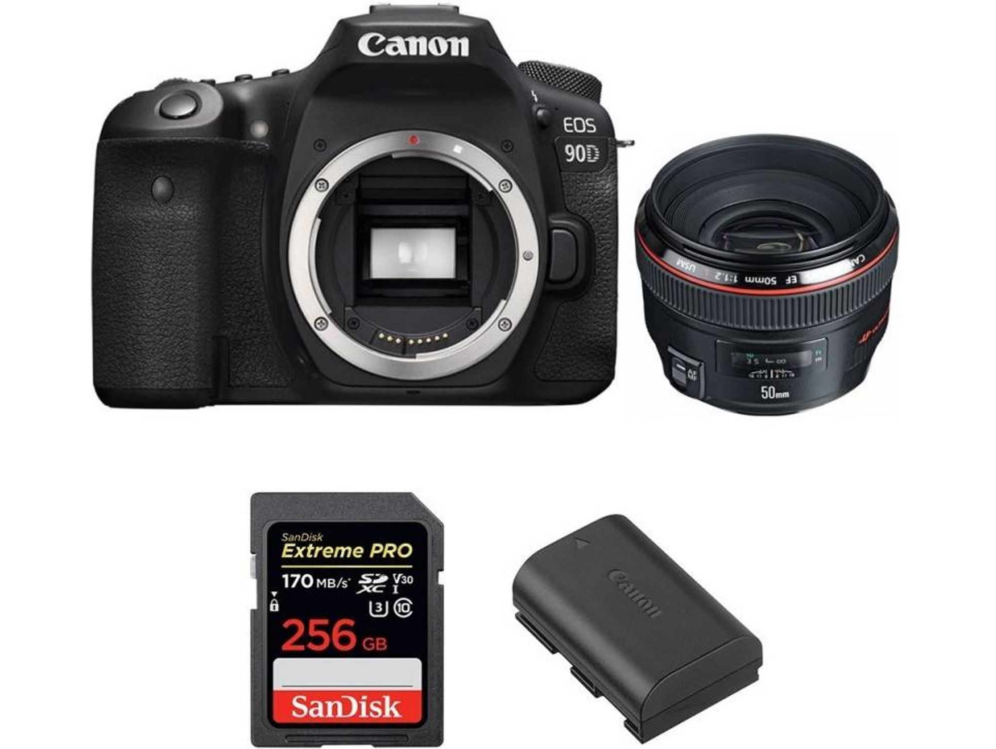 Kit Cámara Reflex CANON EOS 90D + EF 50mm f/1.2L USM + SanDisk 256 GB + Batería (APS-C)