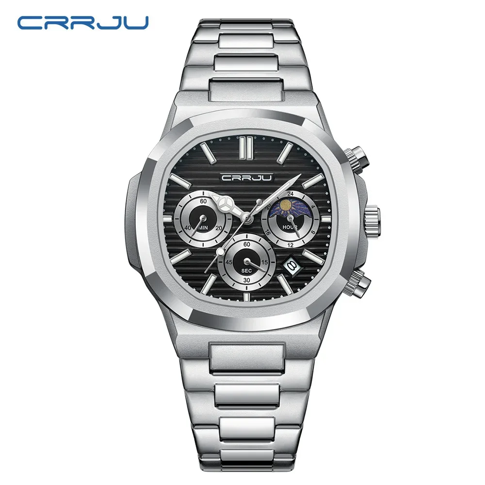 Reloj de pulsera clásico de acero inoxidable resistente al agua para hombre (plateado y negro)