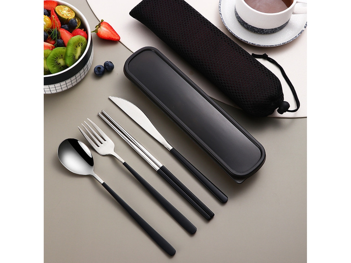Juego de cubiertos portátiles de acero inoxidable 304, incluye cuchillo, tenedor, cuchara y estuche. MDUG (Negro y Plata)