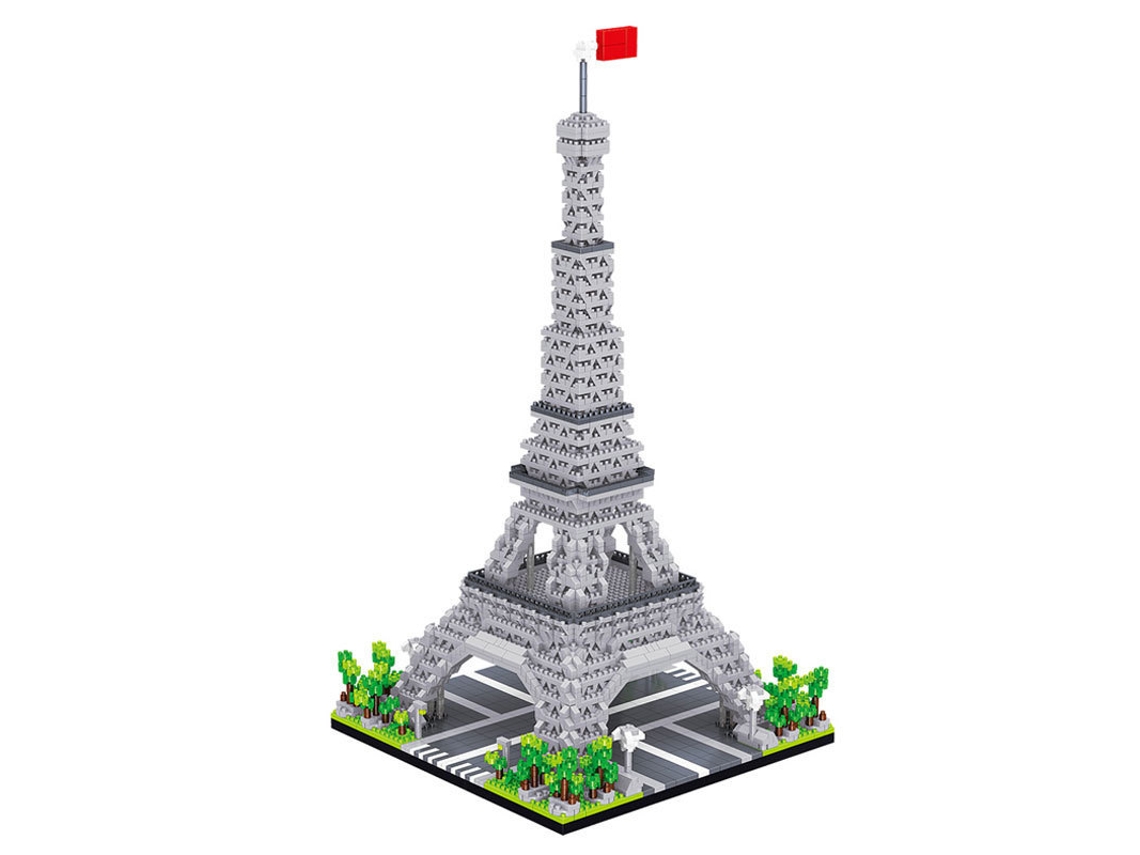 Juguetes de construcción de la Torre Eiffel, bloques Lego y obras arquitectónicas.