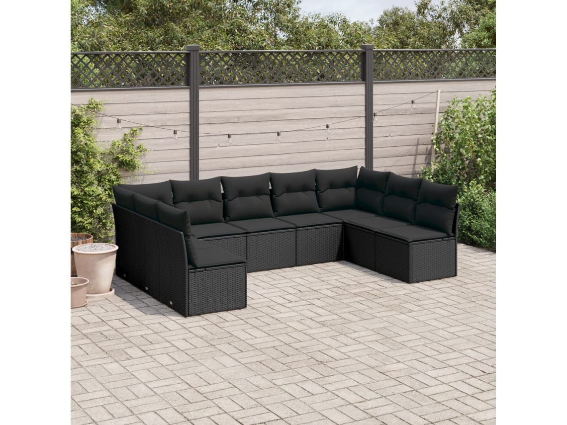 Conjunto de sofá de jardín de 9 piezas con cojines, ratán negro, Dkd Home Decor