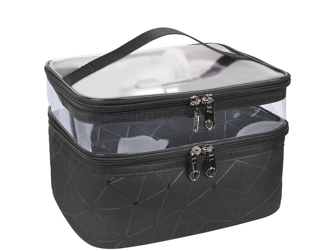 Neceser De Viaje Grande | Diseño Trenzado | Negro Con Cremallera Dorada | Ideal Para Maquillaje Y Aseo