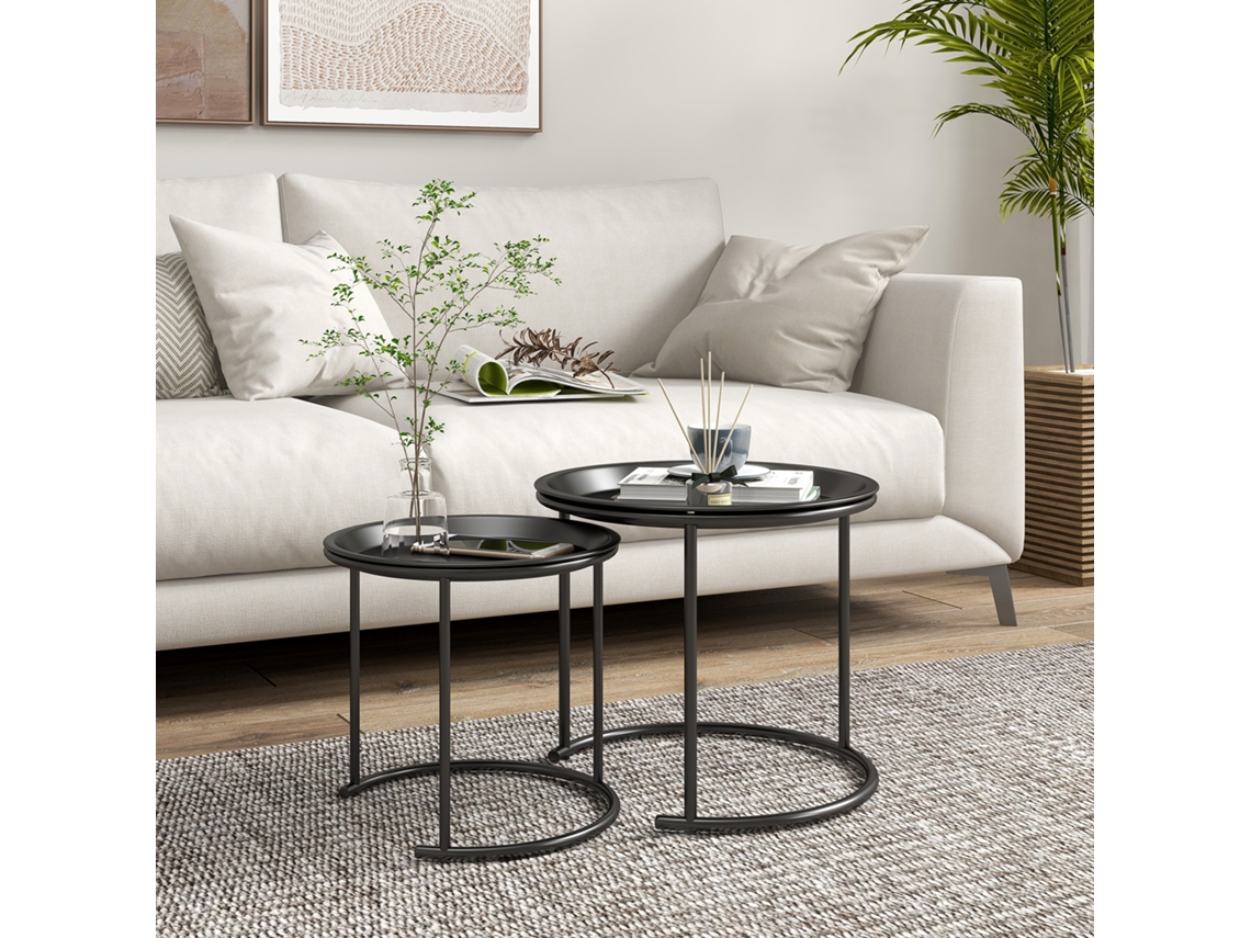 Lote 2 Mesas Bajos Rondes Gigognes Plateaux Amovibles Estilo Industriel Acier, Ø43 + Ø35cm, Negro
