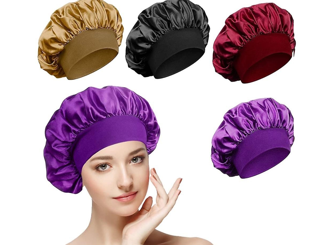 Rebe-4 Gorros De Seda Nocturnos Burdeos+negro+morado Profundo+oro, Elásticos Suaves Para Cabello Largo Rizado Mujer