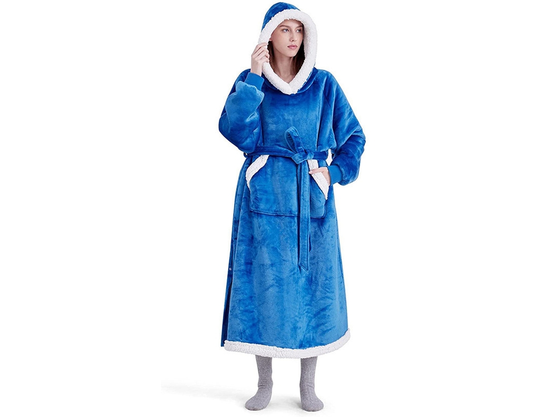 Manta Con Capucha, Manta De Franela Portátil, Bata De Baño Cálida Con Cinturón (azul - 150 Cm) Cuich