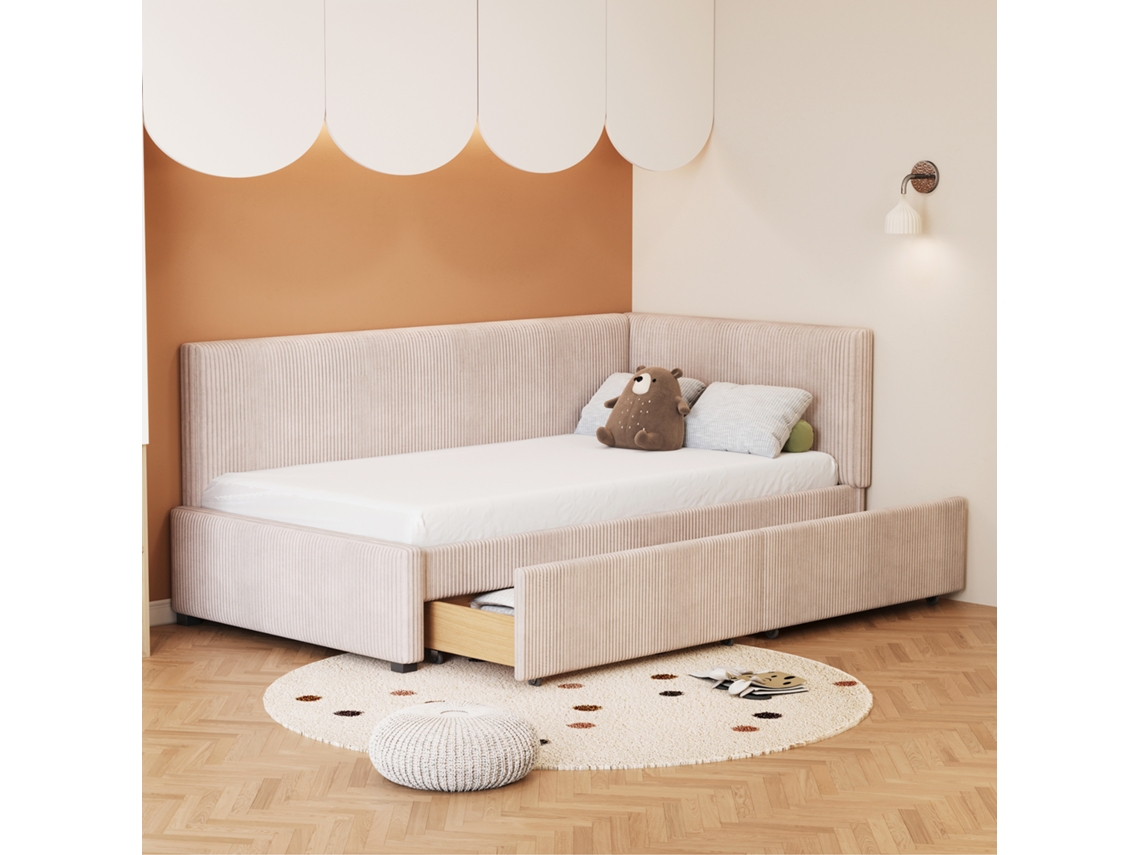 Taburete cama tapizado de terciopelo de 90 x 200 cm con 2 cajones y somier de láminas beige.