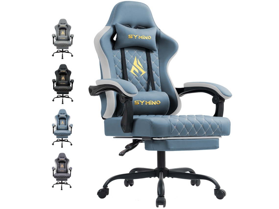 Cadeira Gamer Symino Racing – Ergonómica, Com Apoio Lombar, Apoio Para Os Pés, Pele Retro Pu, Capacidade De Peso 200 Kg, Azul Claro