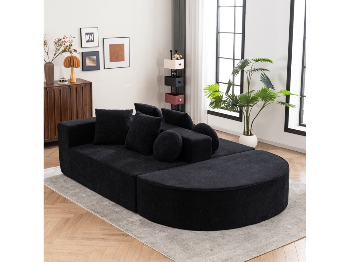 Moderno sofá modular de 5 plazas, cómodo de chenilla, sin montaje, negro, Mobrio