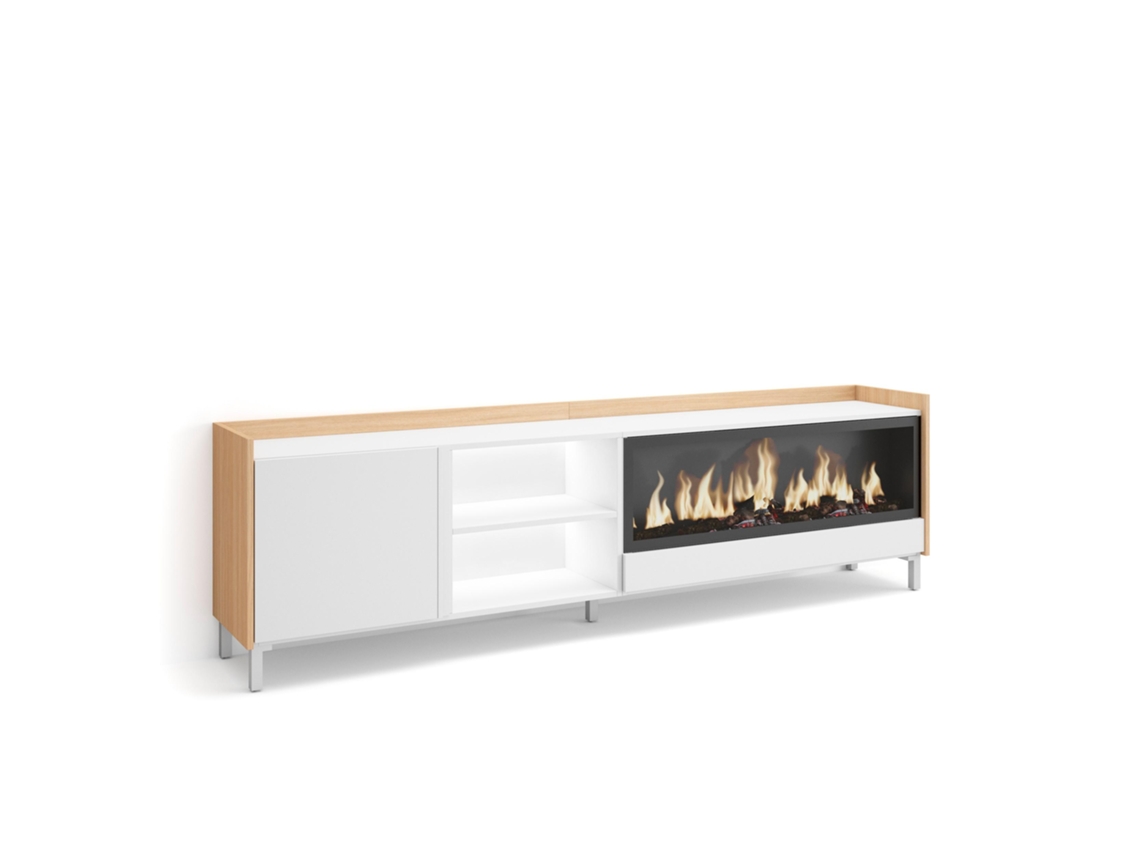 Mueble para TV, 212x35x61cm, para televisores de hasta 80'', chimenea eléctrica XXL, diseño industrial, LED, blanco y roble claro.