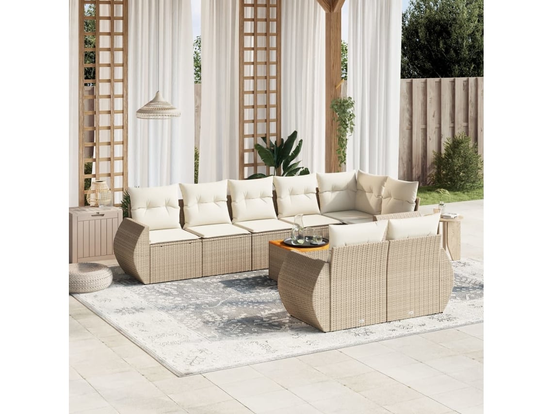 Conjunto de sofá de jardín de 9 piezas con cojines, mimbre sintético beige, Dkd Home Decor