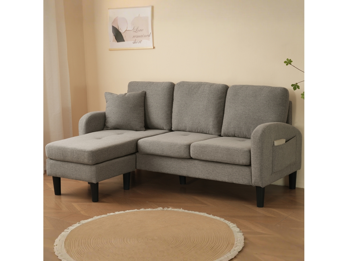 Sofá esquinero con chaise longue de 3 plazas en tejido de algodón y lino, color gris antracita.