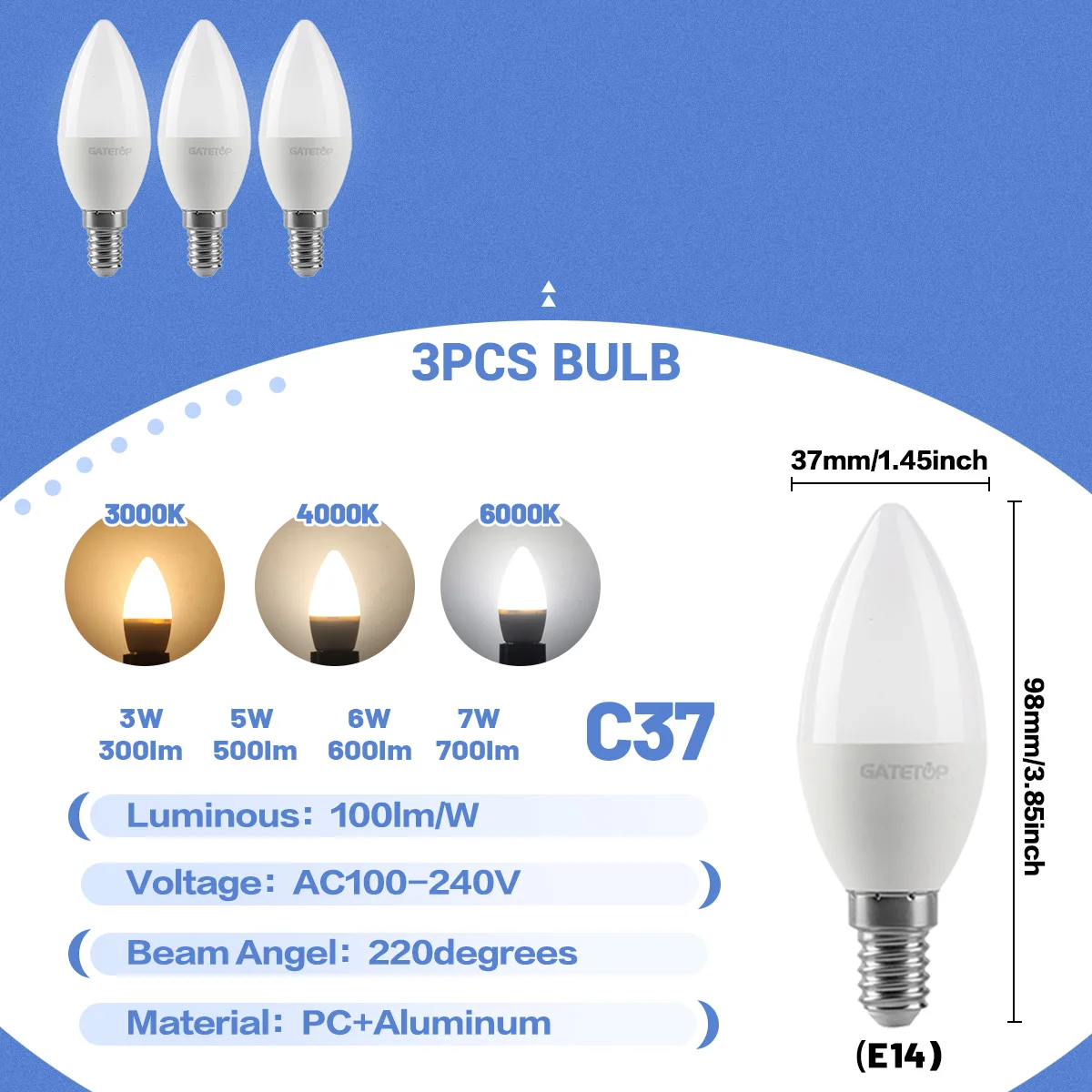 (3 Bombillas, Luz Blanca Fría De 6000k) Bombillas Led Tipo Vela E14, Lámparas Colgantes Decorativas, Adecuadas Para Salas De Estar Familiares.