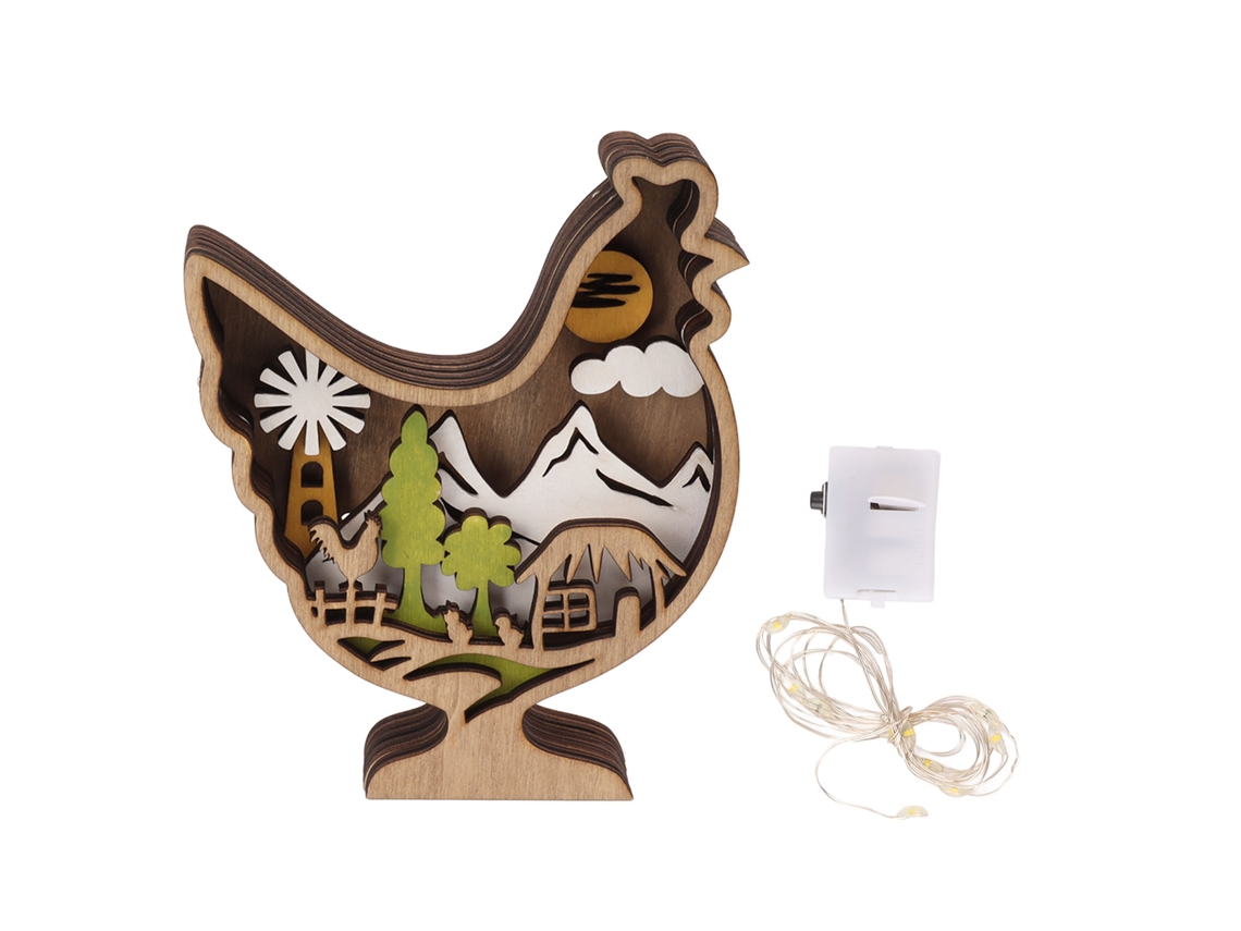 Estatua de pollo de madera en 3D con luces para Pascua