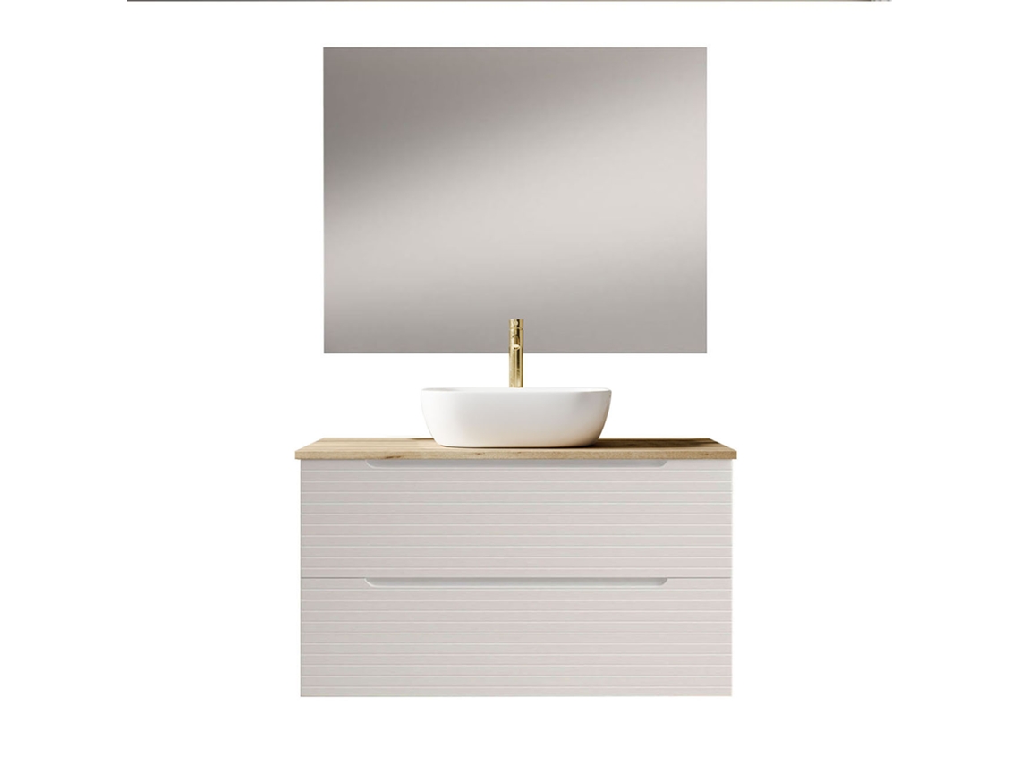 Mueble de Baño con Lavabo, Espejo y Aplique Led Boreal 100x45 Cm Acabado Blanco Mate 2 Cajones Suspendidos Kibath