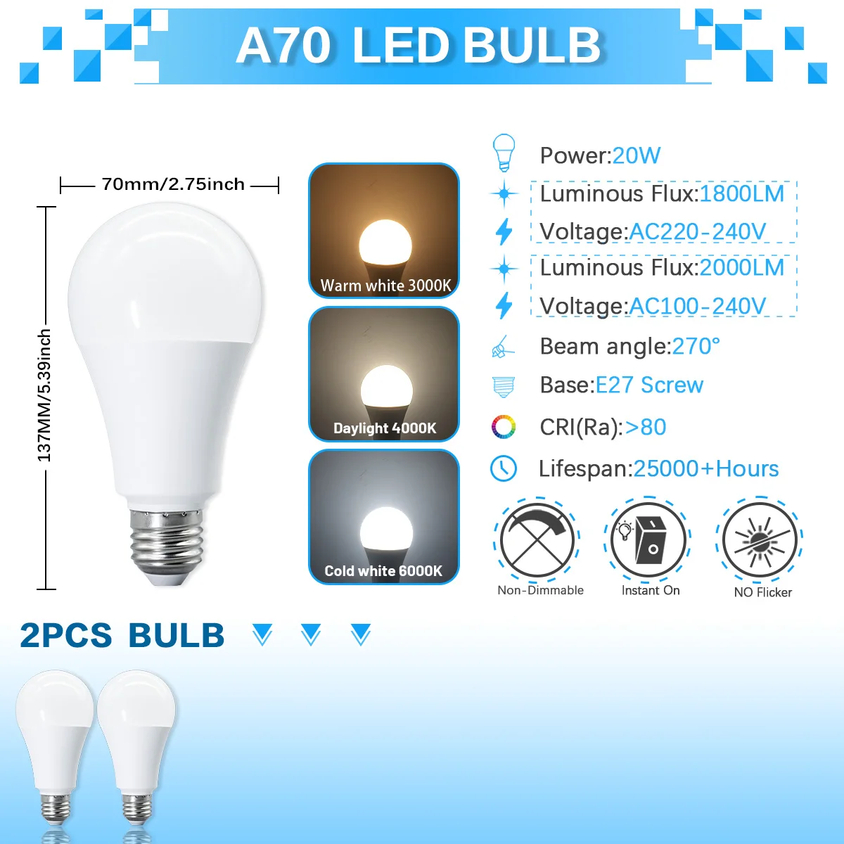 (2 Piezas, Luz Natural 4000k) Bombilla A70 Led, Sin Estroboscópio, Índice De Reproducción De Color Cri80+, Ideal Para Dormitorio, Vestíbulo, Etc.